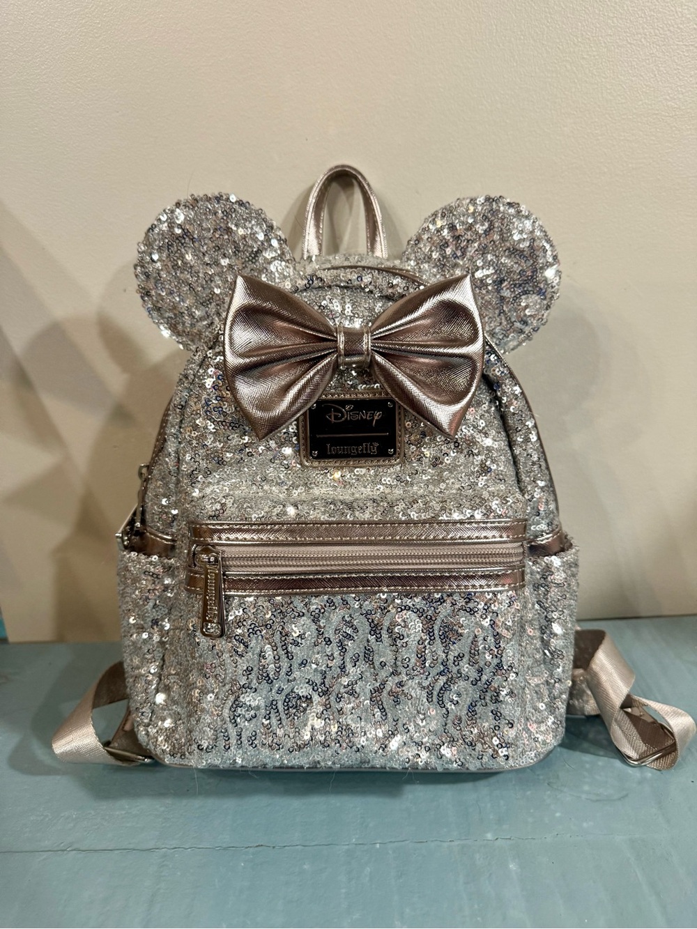 Disney Silver Sequin Minnie Ear Mini Backpack with Metallic Bow